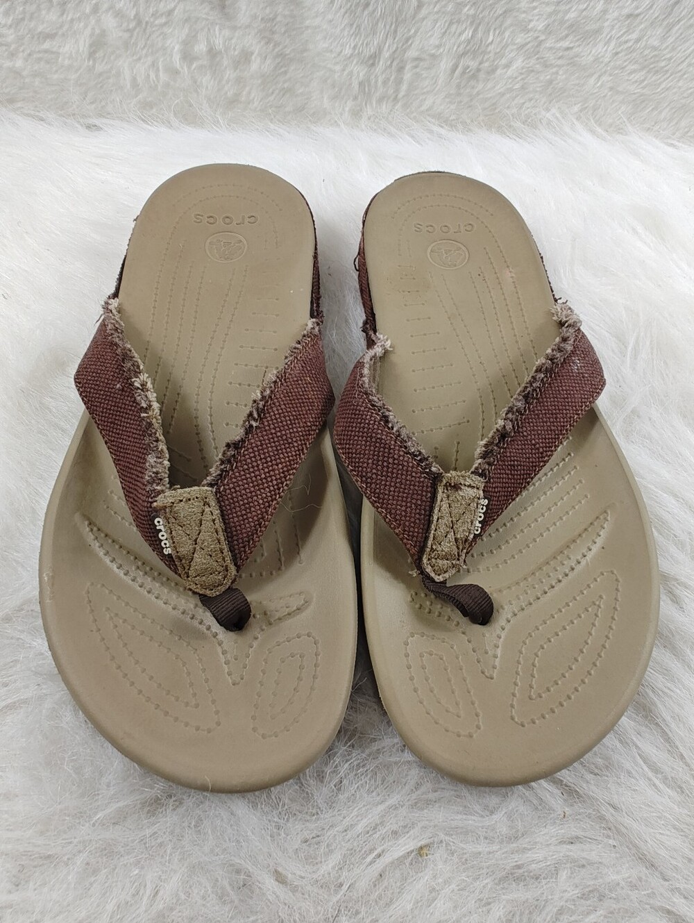 Crocs Dual Comfort Khaki Canvas Fabric Flip Flop Sandals Men's Size 12 Comfort